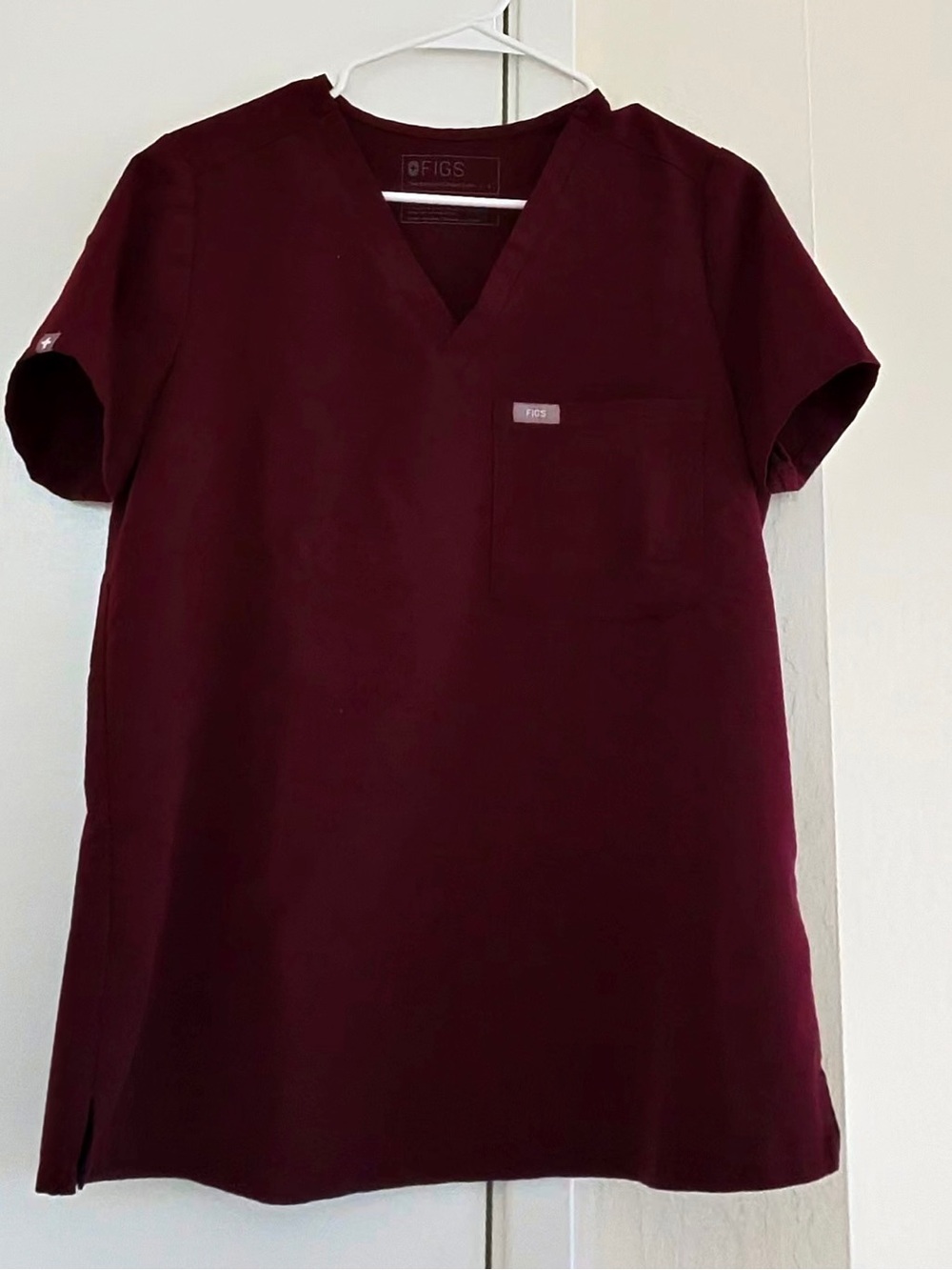 FIGS Women’s V-Neck Short Sleeve Scrub Top in burgundy